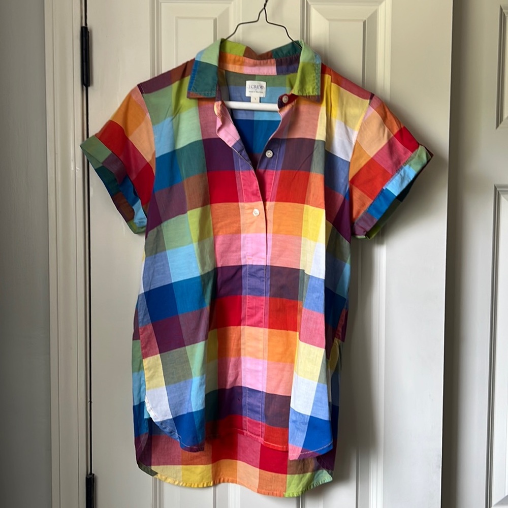 J. CREW madras pop over top in cotton voile